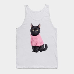 Black cat wearing pink sweater Tank Top